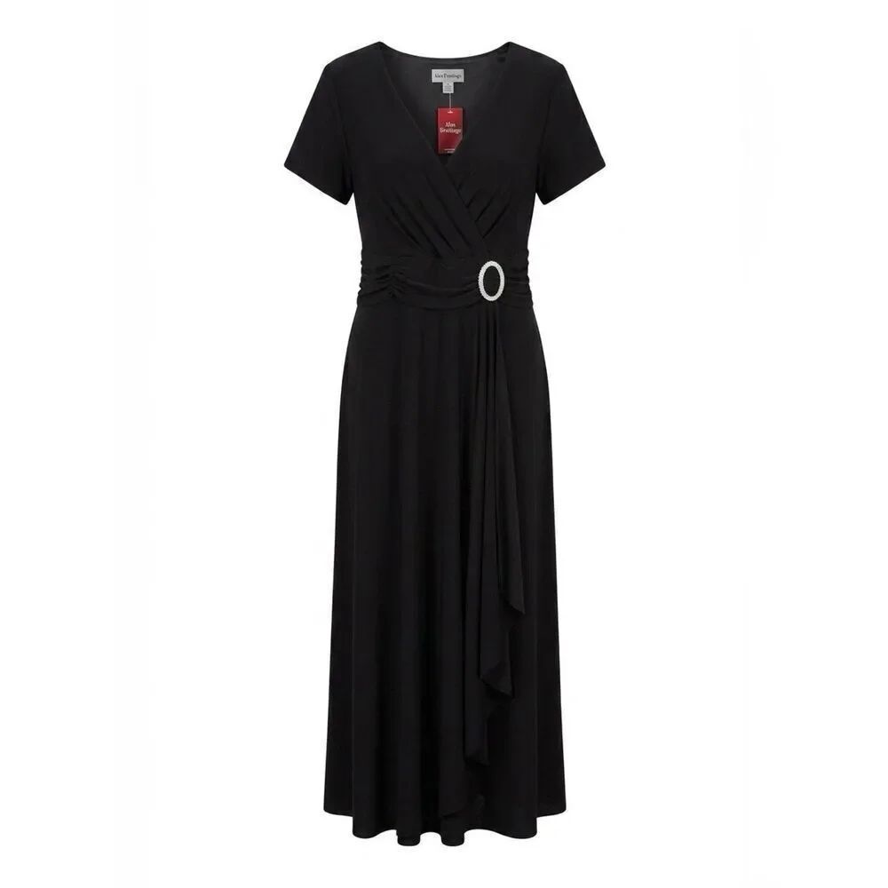 BLACK SHORT SLEEVE MAXI DRESS WITH RHINESTONE BUCKLE AND FRINT WRAP SIZE 18W NWT